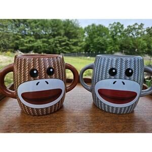 Sock Monkey Double Handled Mugs Cups Set of 2 by Galerie Coffee Tea etc.